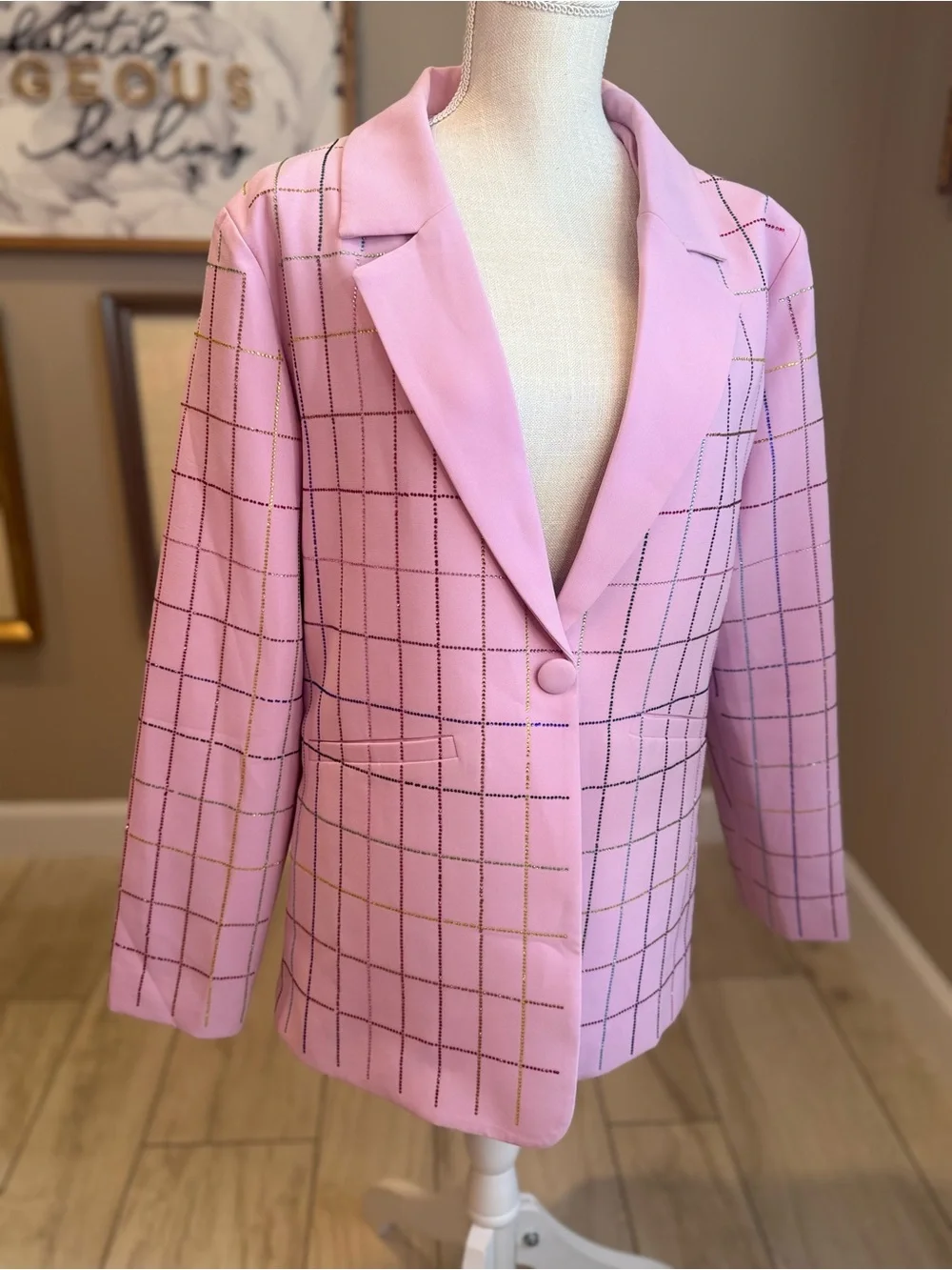 QUEEN OF SPARKLES Pink Rhinestone Plaid Blazer & Wide Leg Pant Set